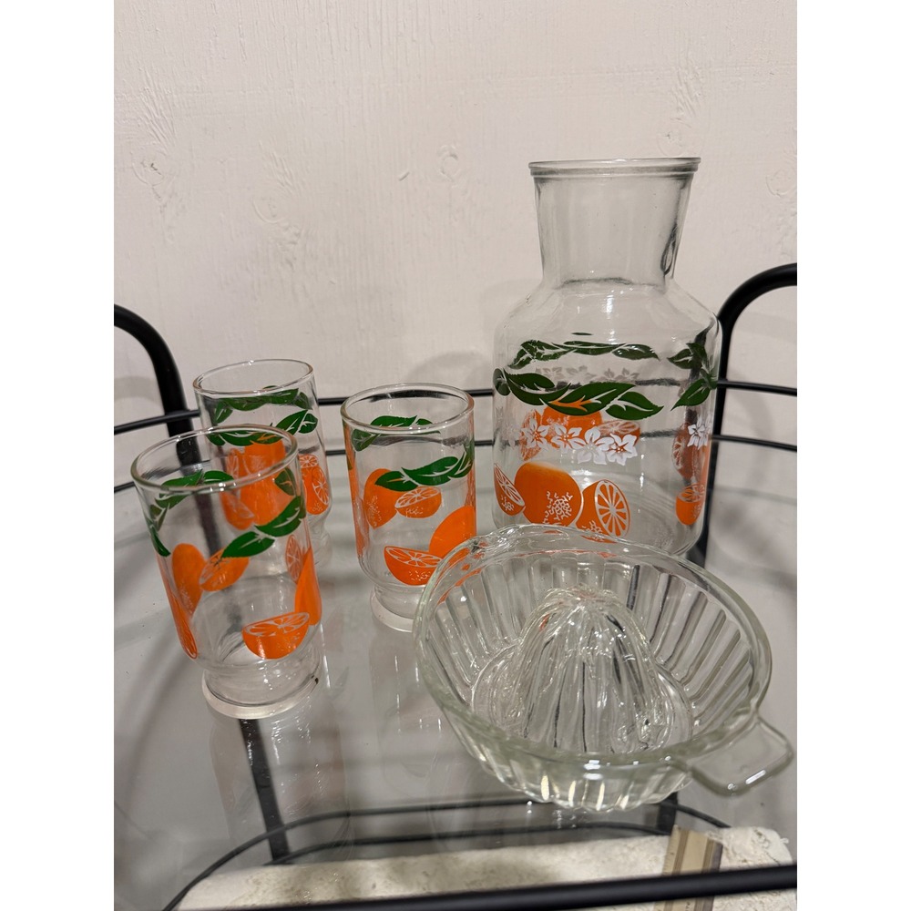 Vintage Unverified Anchor Hocking Orange Juice Set Carafe 3 Glasses and Juicer